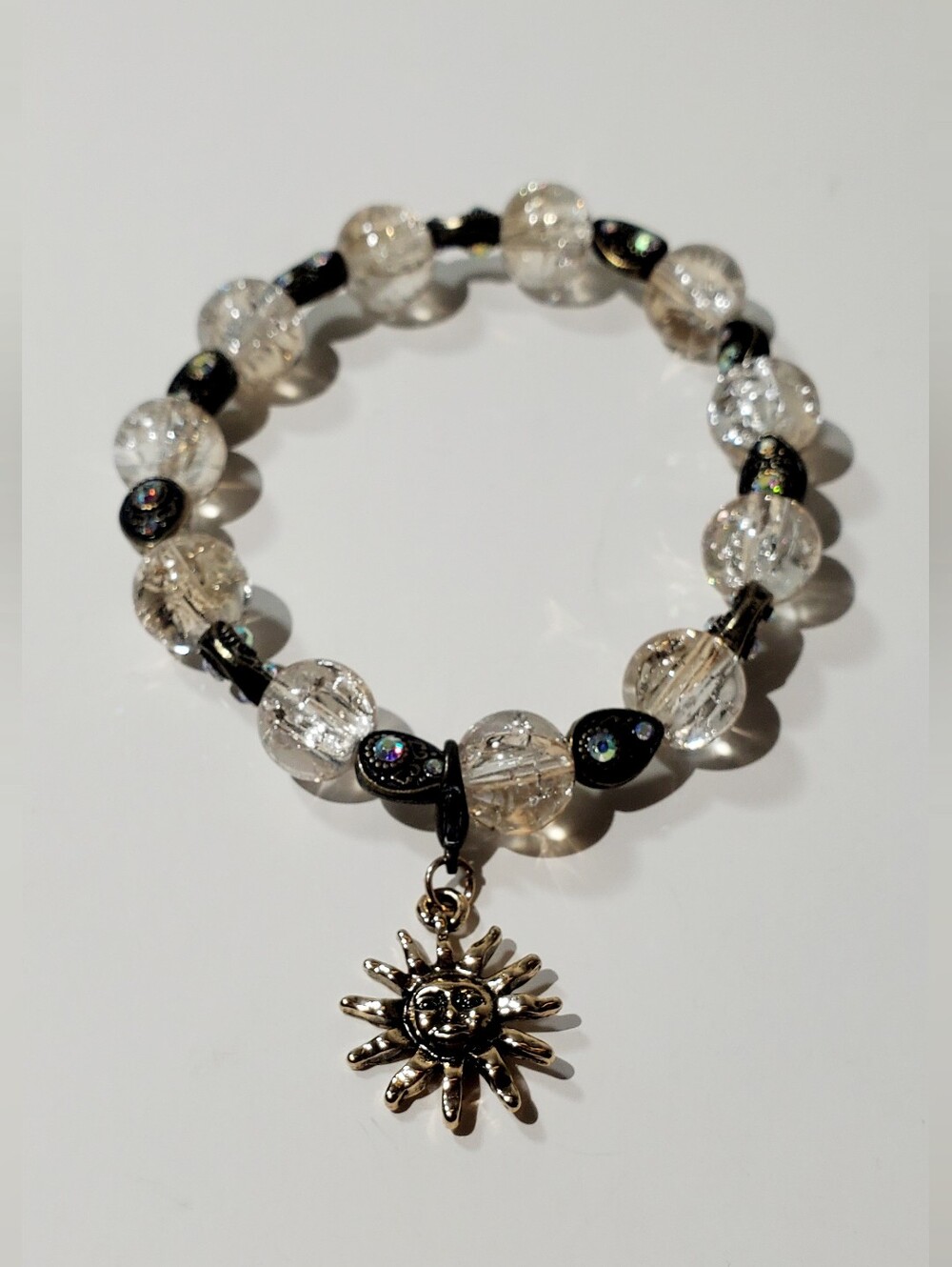 Sun Charm Beaded Stretch Bracelet - Clear Crystal & Black Accents